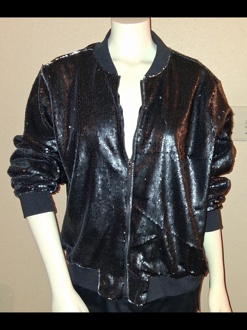 Black Sequin Bomber Jacket - Women